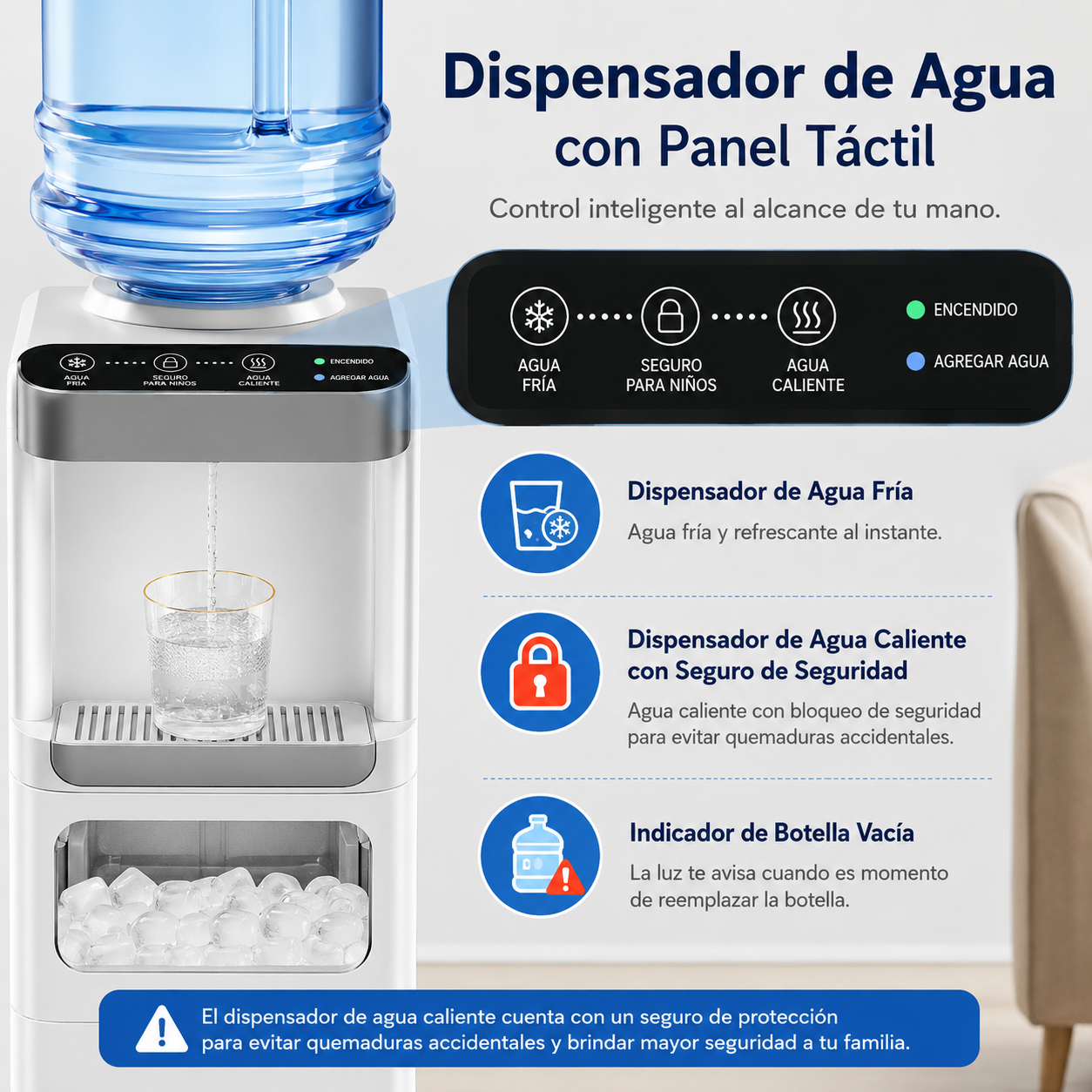 Dispensador de agua con función de fabricación de hielo, enfriador de agua fría y caliente de carga superior para botellas de 5 galones — Incluye seguro de seguridad para niños.