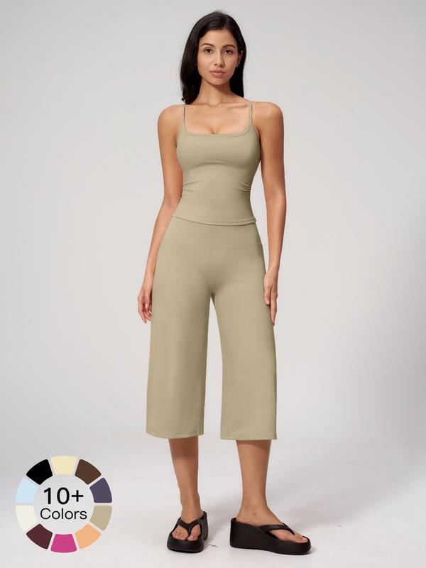 Nuevo conjunto deportivo para mujer: camiseta de tirantes, pantalones de largo medio y talle alto de secado rápido; ideal para yoga, correr y actividades al aire libre. Ropa deportiva cómoda y con estilo.