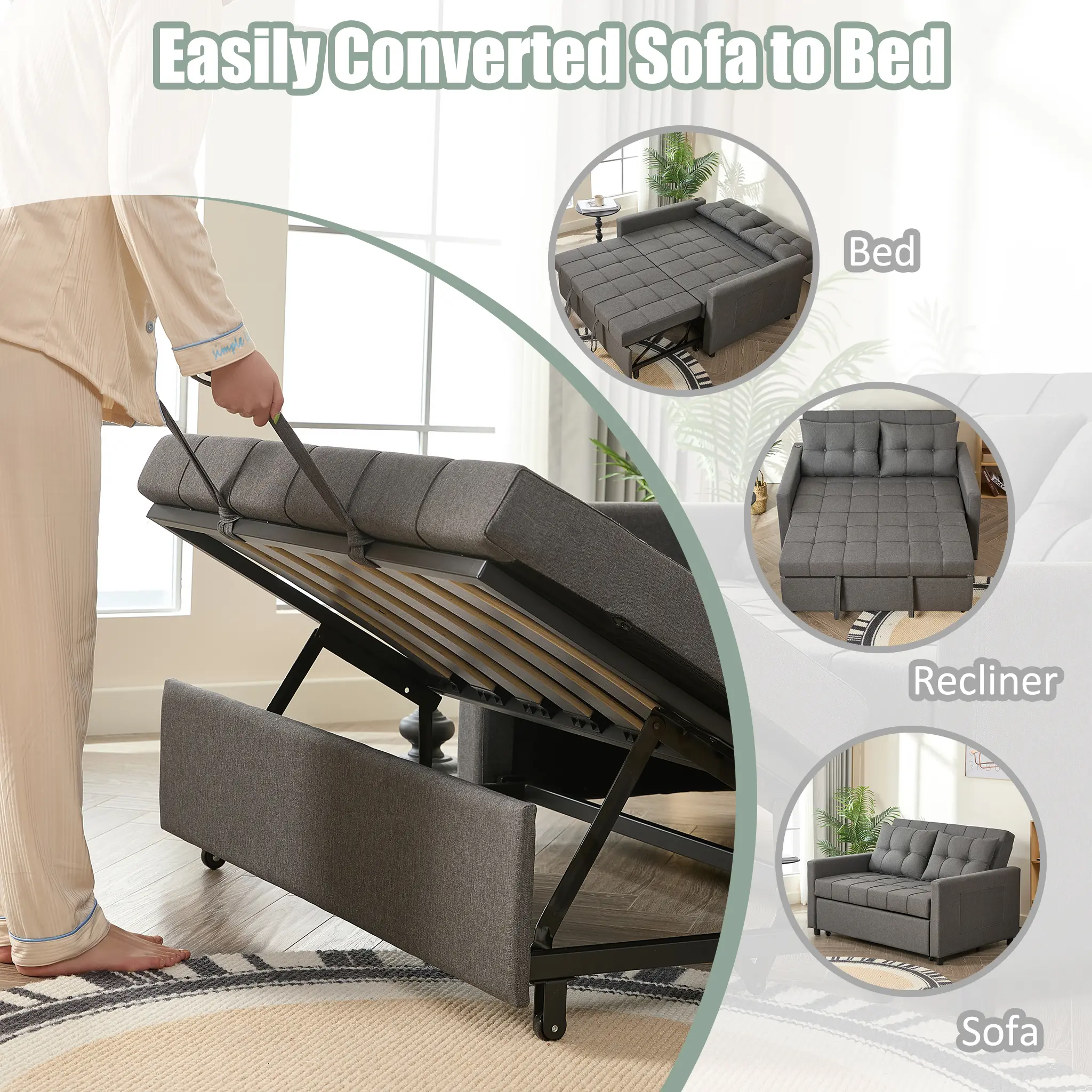 Sofá cama GOSUHI de 52" con cama extraíble - Beige