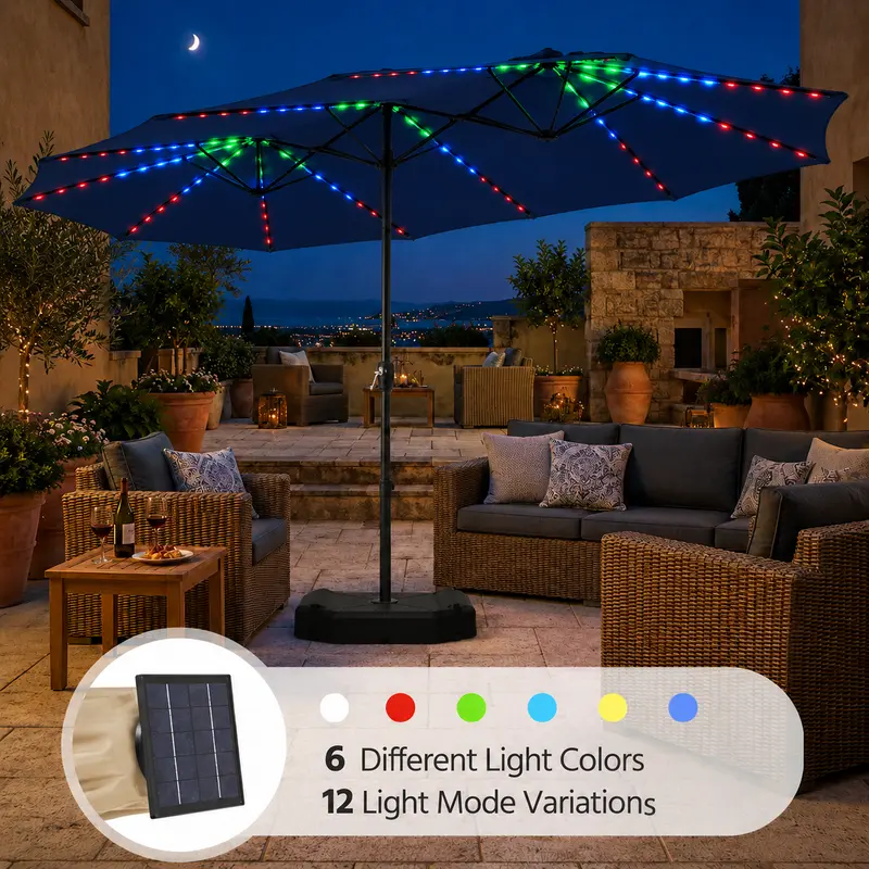 Sombrilla de jardín LED solar de 13 pies con luces de colores de 12 modos
