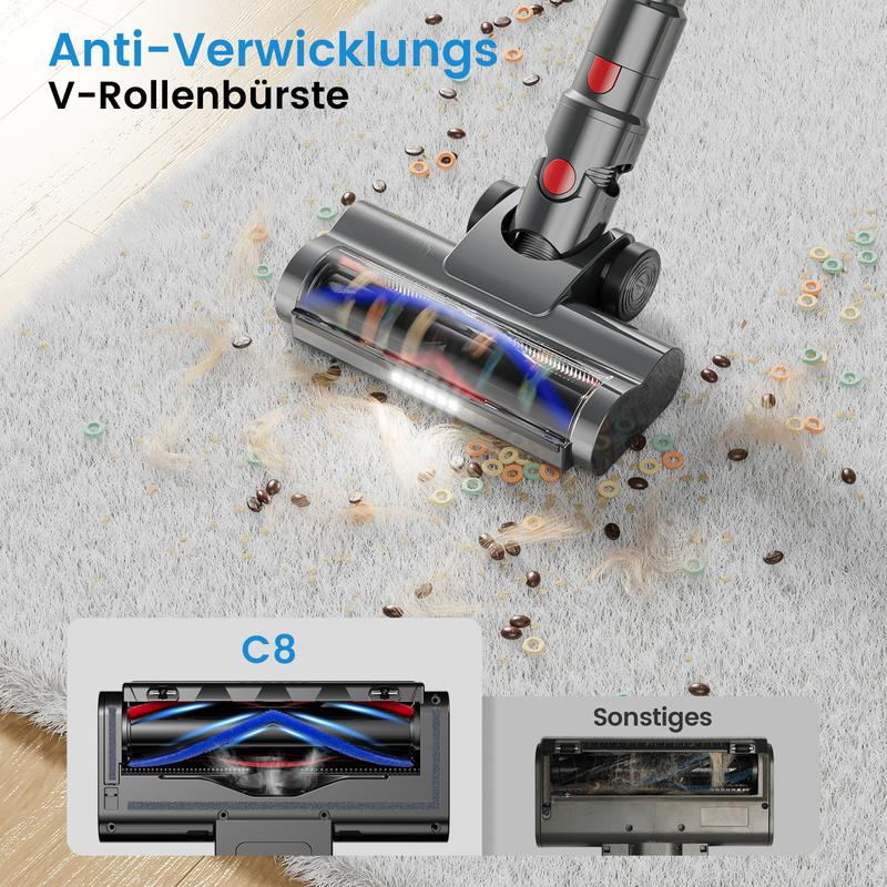 Aspiradora inalámbrica, 250 W de potencia/25 000 Pa de succión, 45 minutos de autonomía, pantalla táctil LED, diseño antienredos, se puede colocar en posición vertical.