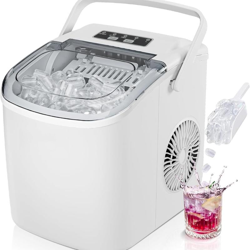 Máquina de Hielo de Encimera con Mango. Produce 11,79 kg de Hielo en 24 Horas y Tiene 9 Cubos de Hielo Listos en 6 Minutos. Posee Función de Autolimpieza y es Portátil, Viene con Canasta y Cucharón, Ideal para Hogar, Cocina, Camping o RV.