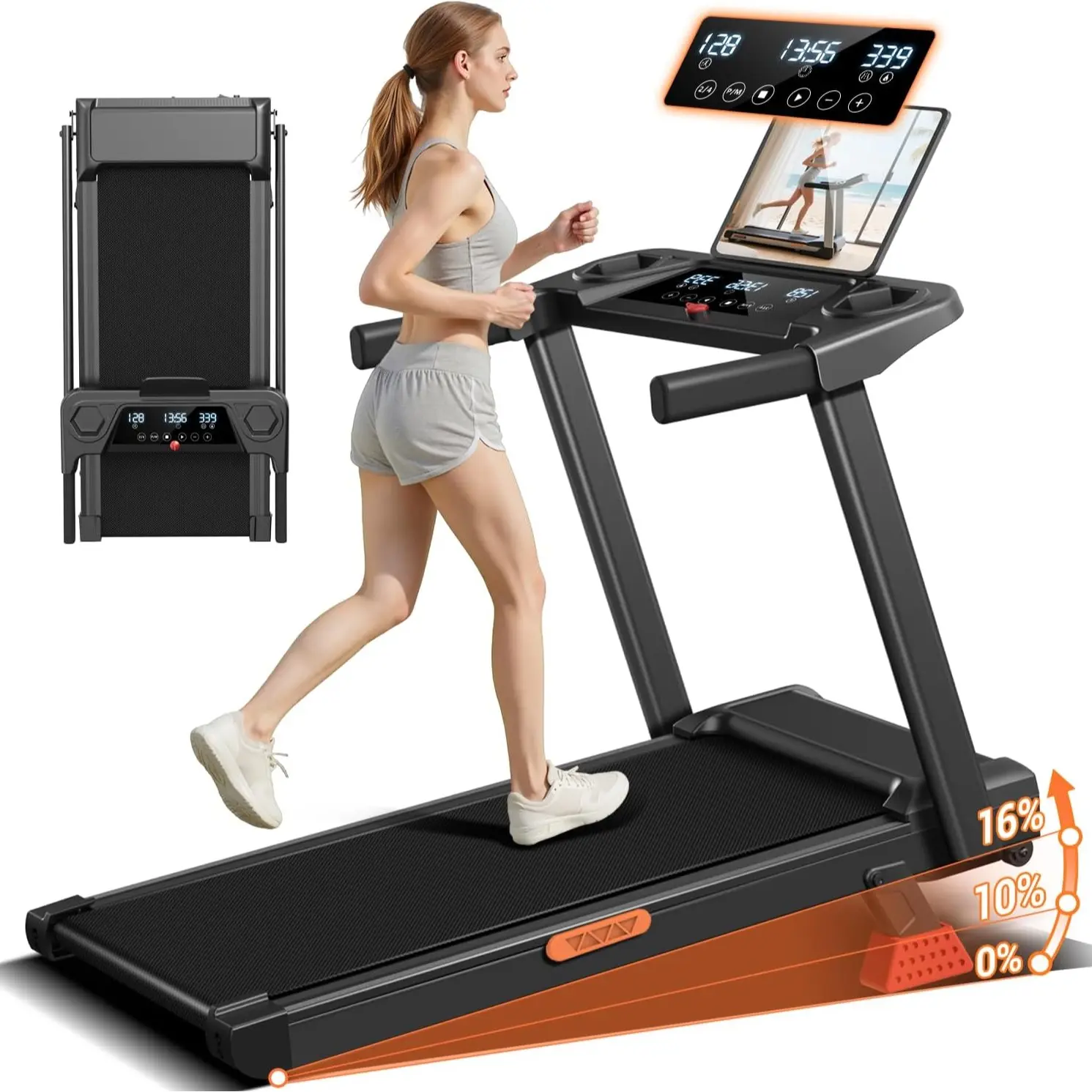 🎁 Rebajas de liquidación 💨 Cinta de correr plegable con barandillas y inclinación (16 % de inclinación) — Motor silencioso de 3,0 caballos de potencia, capacidad de carga de 400 libras, pantalla LED