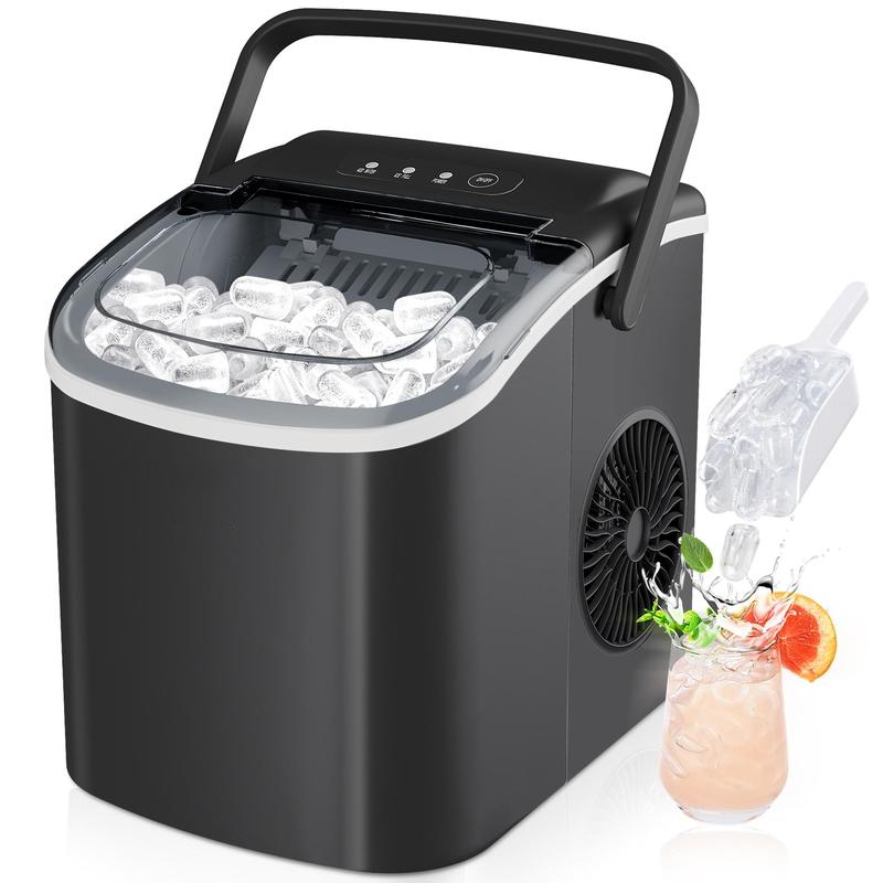 Máquina de Hielo de Encimera con Mango. Produce 11,79 kg de Hielo en 24 Horas y Tiene 9 Cubos de Hielo Listos en 6 Minutos. Posee Función de Autolimpieza y es Portátil, Viene con Canasta y Cucharón, Ideal para Hogar, Cocina, Camping o RV.