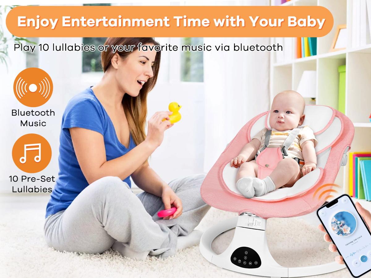 Baby Electric Bouncer for Infants,Baby Swing,5 Speeds and 10 Lullabies,Bluetooth Music,Remote Control,Adjustable Backrest,Indoor Use