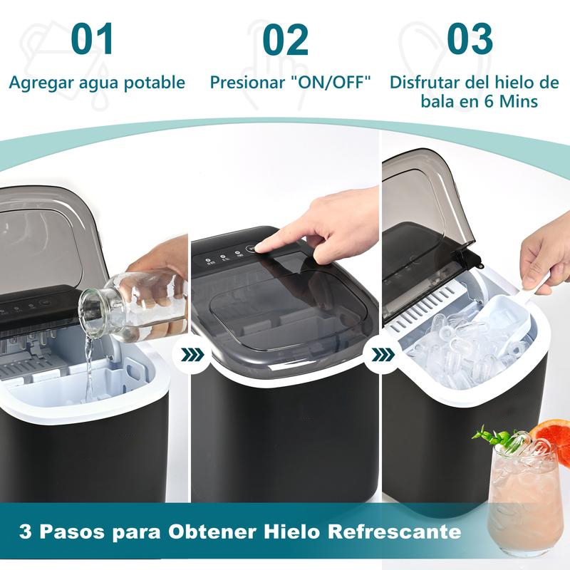 Máquina de Hielo de Encimera con Mango. Produce 11,79 kg de Hielo en 24 Horas y Tiene 9 Cubos de Hielo Listos en 6 Minutos. Posee Función de Autolimpieza y es Portátil, Viene con Canasta y Cucharón, Ideal para Hogar, Cocina, Camping o RV.