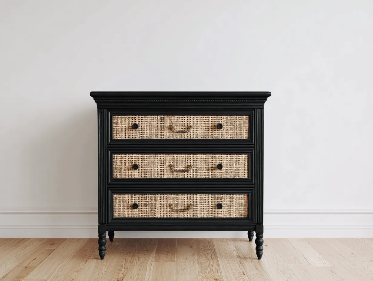 Kommode 105x42x86 cm - schwarz und natur - 3 Schubladen mit Rattanoptik für Schlafzimmer