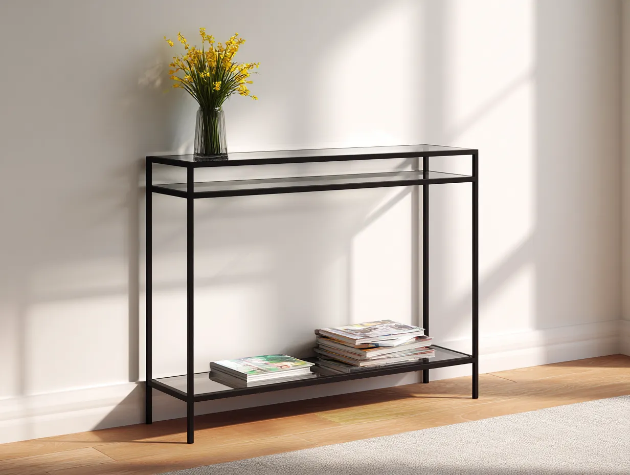 Ablagetisch mit Metallrahmen 140x38x78 cm - Schwarz und Transparent - für Wohnzimmer