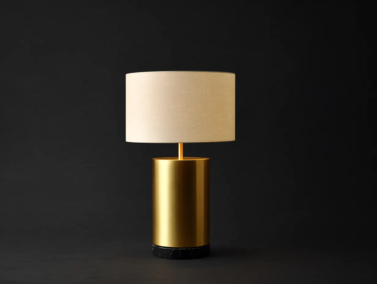 Tischlampe mit Zylinderfuß 25x25x44 cm - Beige und Messing und Schwarz - für Arbeitszimmer