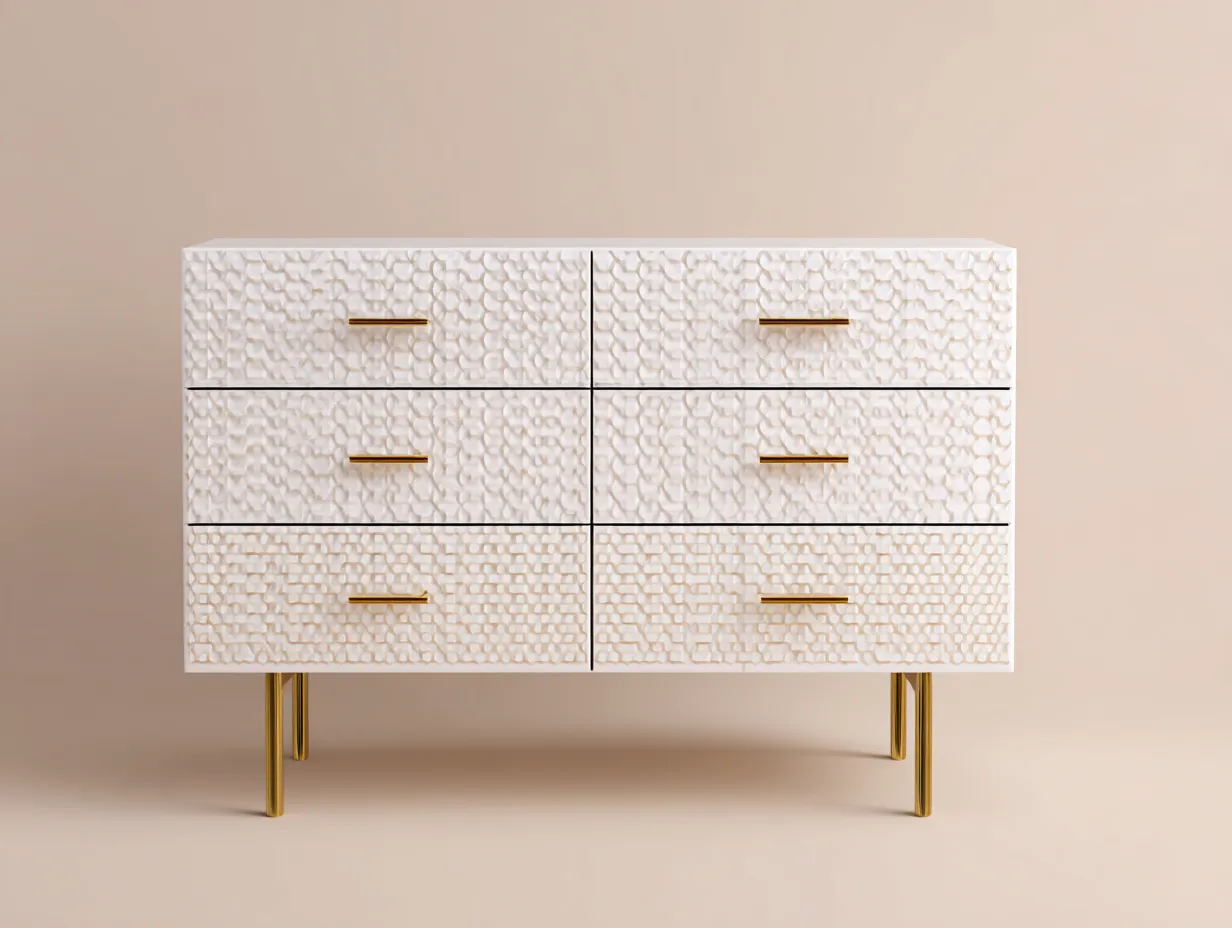 Kommode 120x44x82 cm - weiß und gold - 6 Schubladen mit Strukturfront für Schlafzimmer