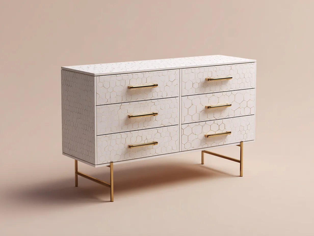 Kommode 118x43x84 cm - cremeweiß und gold - 6 Schubladen mit Musterfront für Schlafzimmer