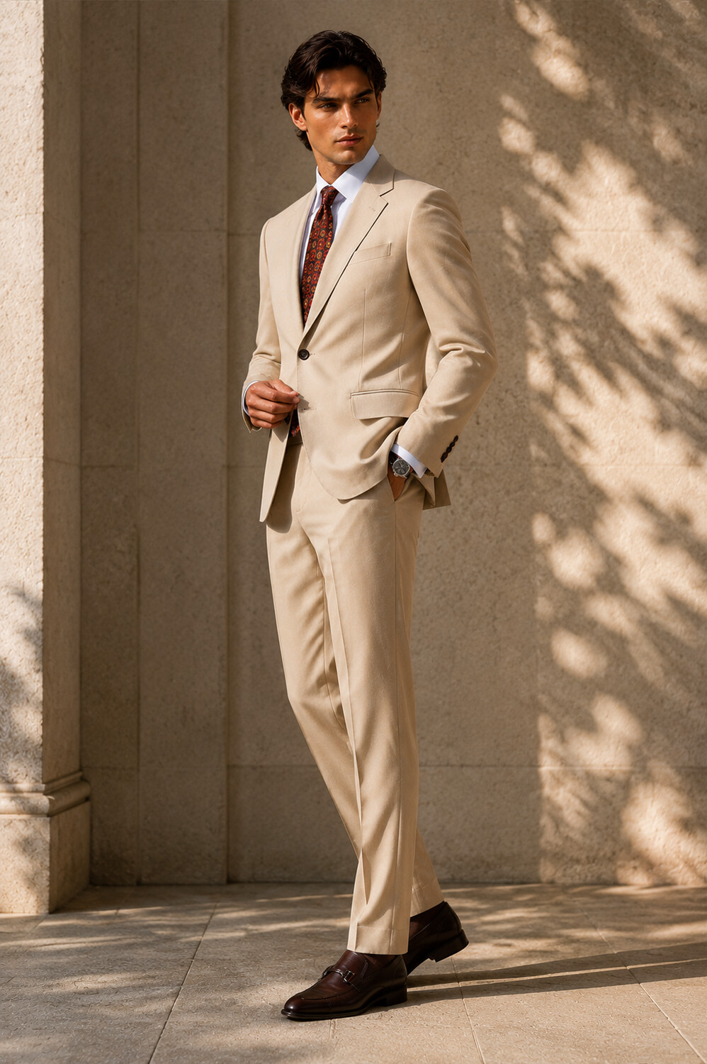 Essential Beige Wool Blend Suit Jacket-Bellvero