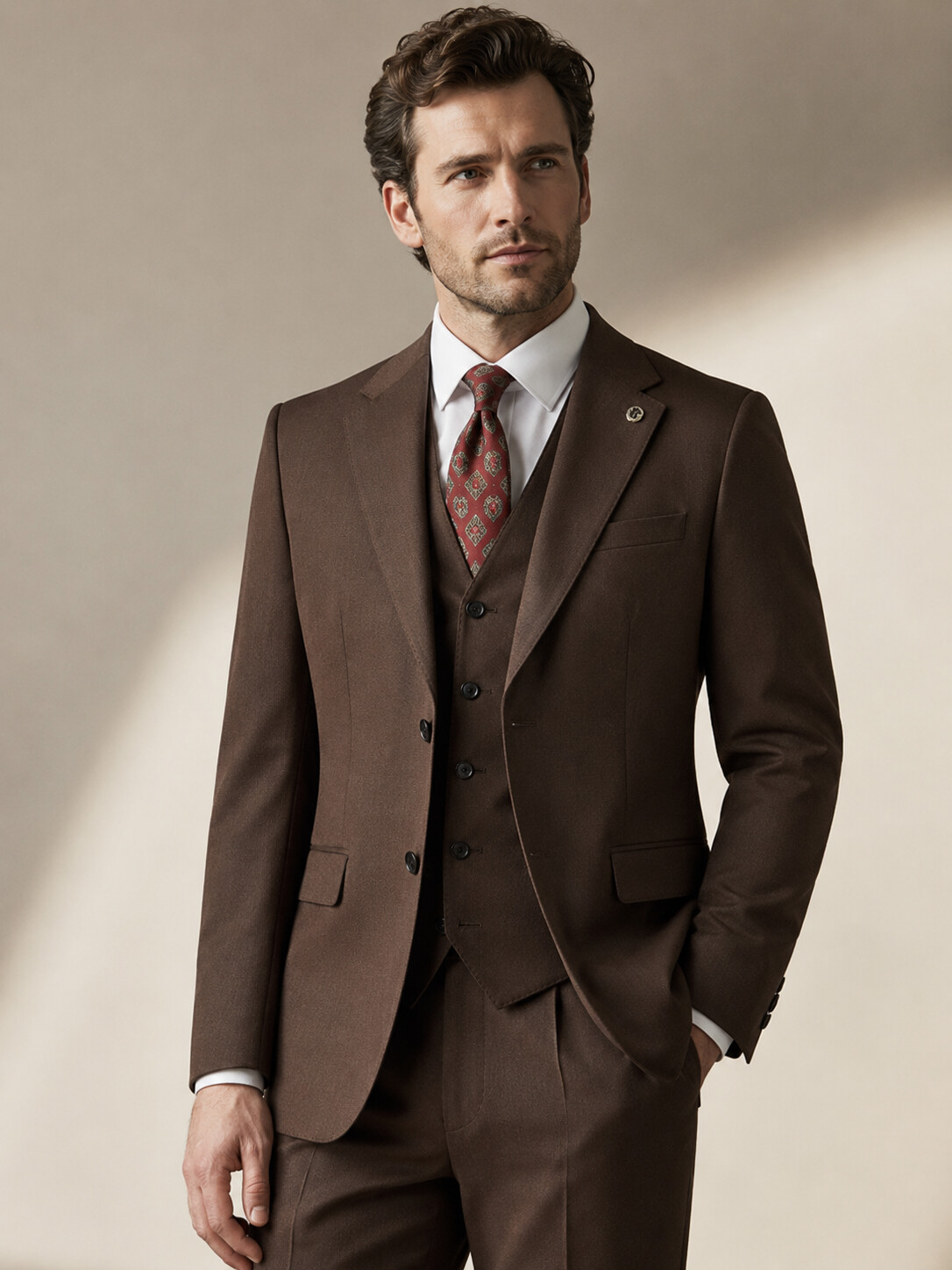 Classic Brown Tailored Suit Jacket-Bellvero