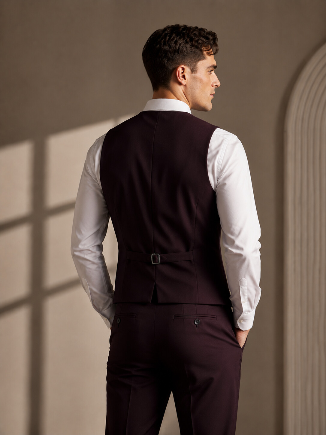 Wool Blend Stretch Burgundy Suit Vest-Bellvero