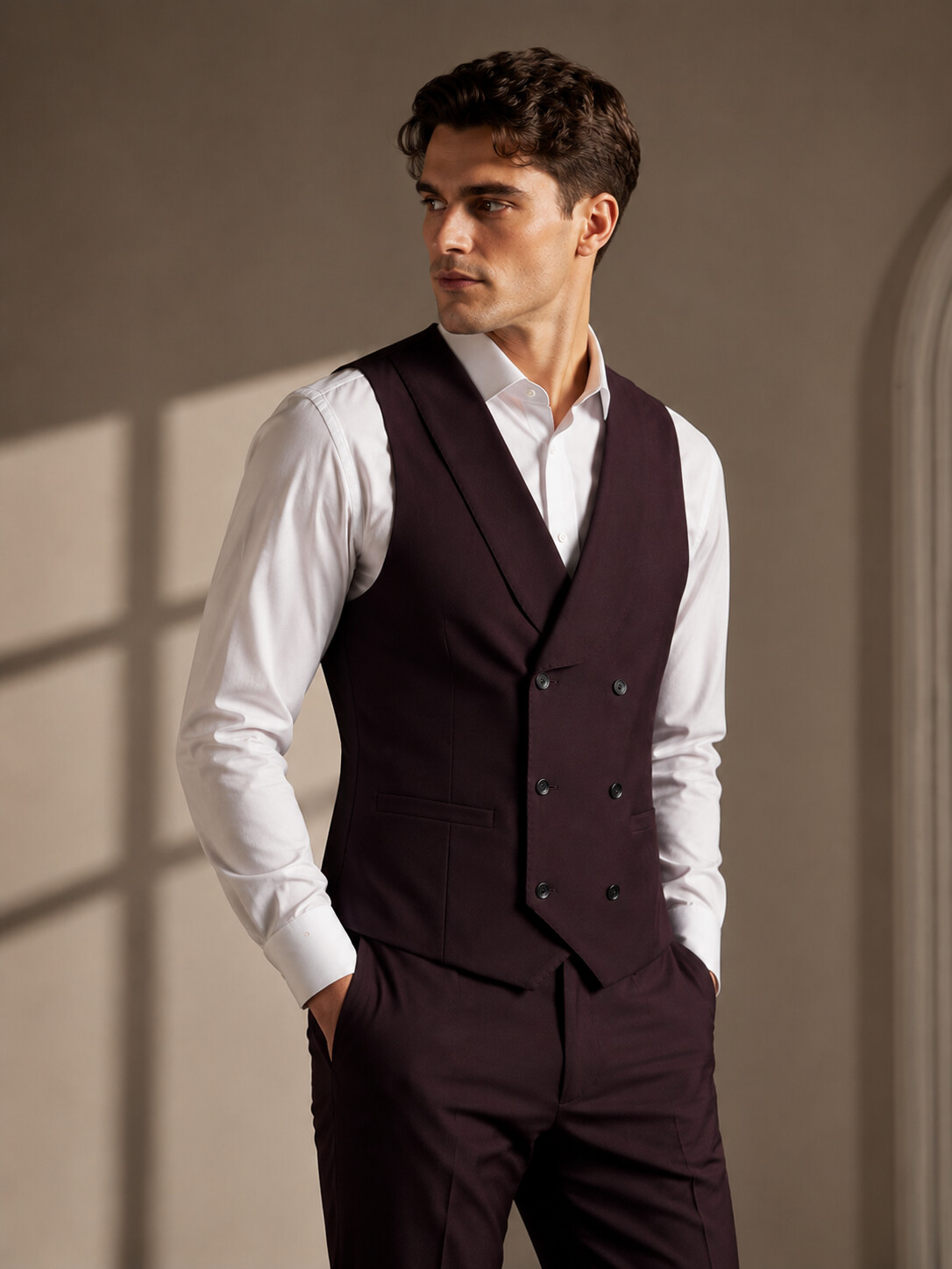 Wool Blend Stretch Burgundy Suit Vest-Bellvero