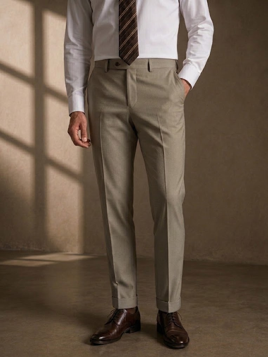 Wool Blend Stretch Light Taupe Suit Pants-Bellvero