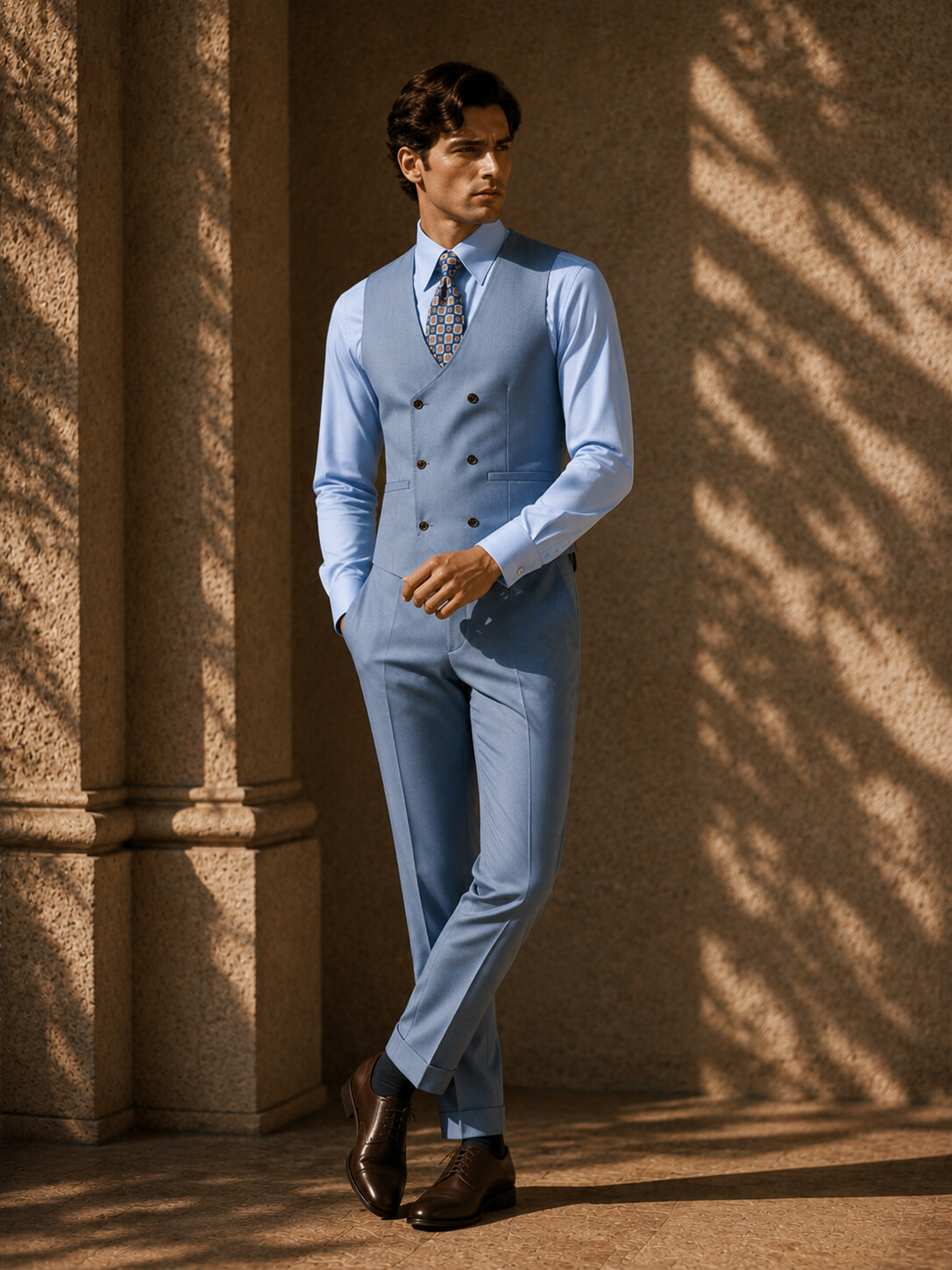 Lake Blue Lyocell & Wool Blend Suit Vest-Bellvero