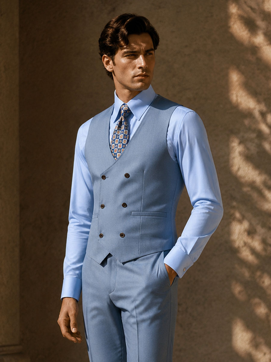 Lake Blue Lyocell & Wool Blend Suit Vest-Bellvero