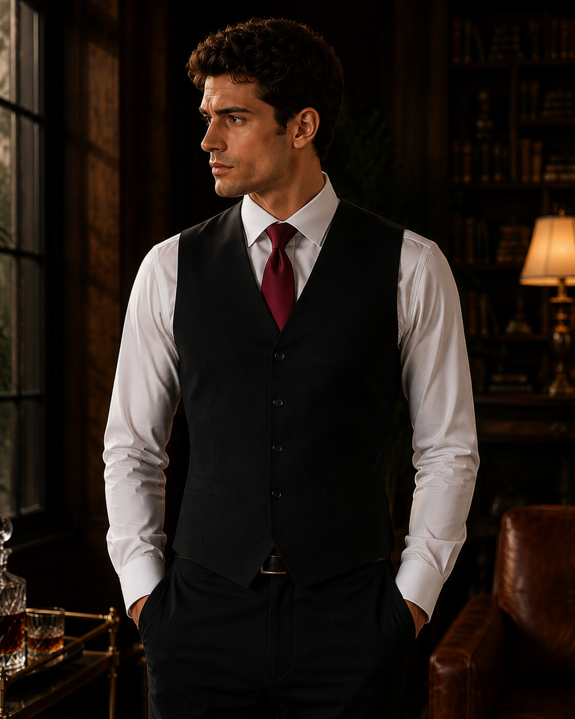 Black Solid Suit Vest-Bellvero