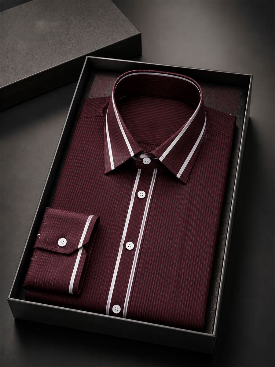 Men’s Burgundy Thin Stripe Dress Shirt
