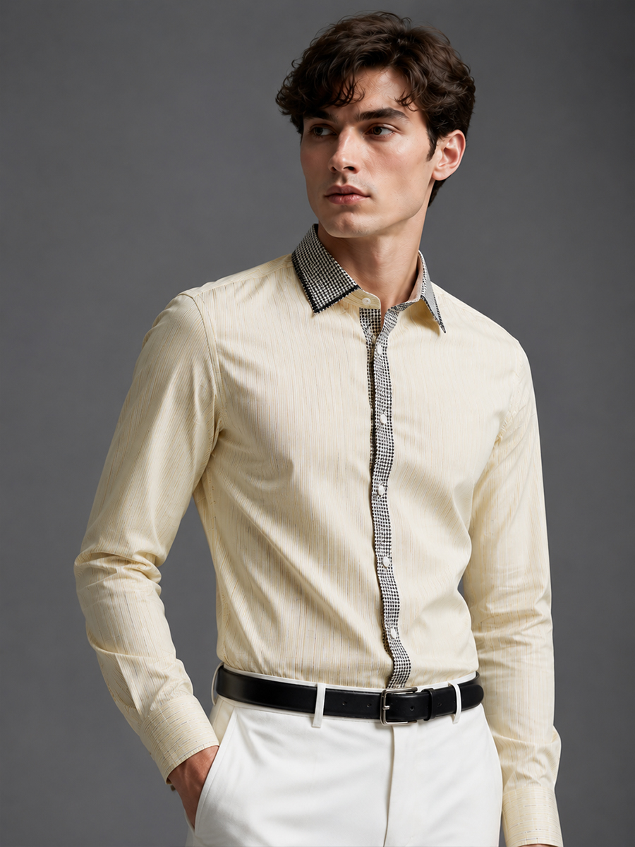 Men’s Beige Striped Houndstooth Dress Shirt