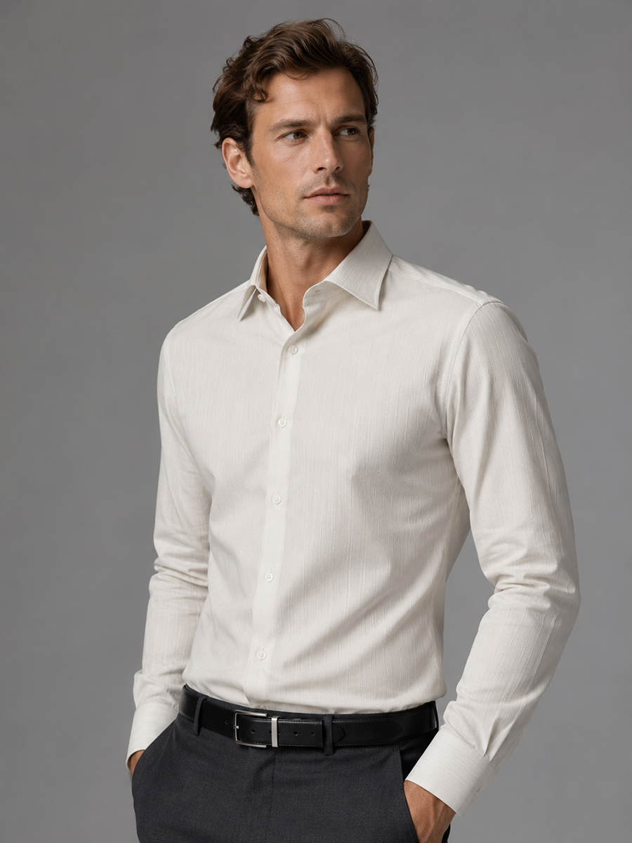Men’s Cream Fine Stripe Dress Shirt