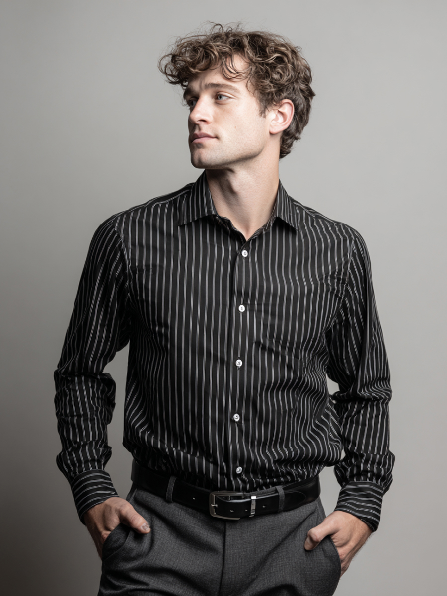 Men’s Black Thin Gray Pinstripe Dress Shirt