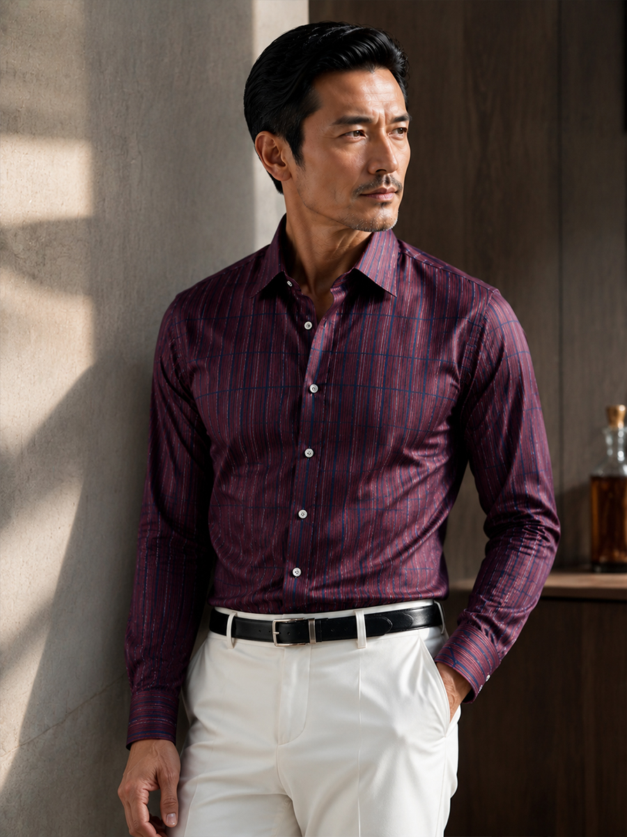 Men’s Vintage Burgundy Grid Plaid Dress Shirt