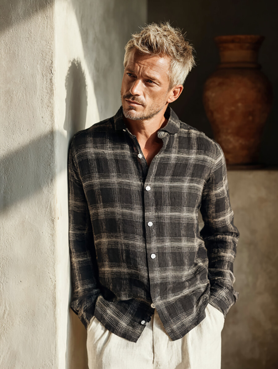 Men's Pinstripe Grid Printed Casual Shirt