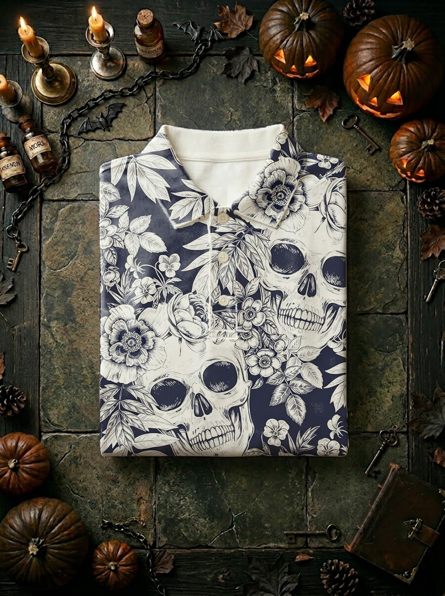 Men's Dark Pumpkin Skull Floral Long Sleeve Polo Shirt
