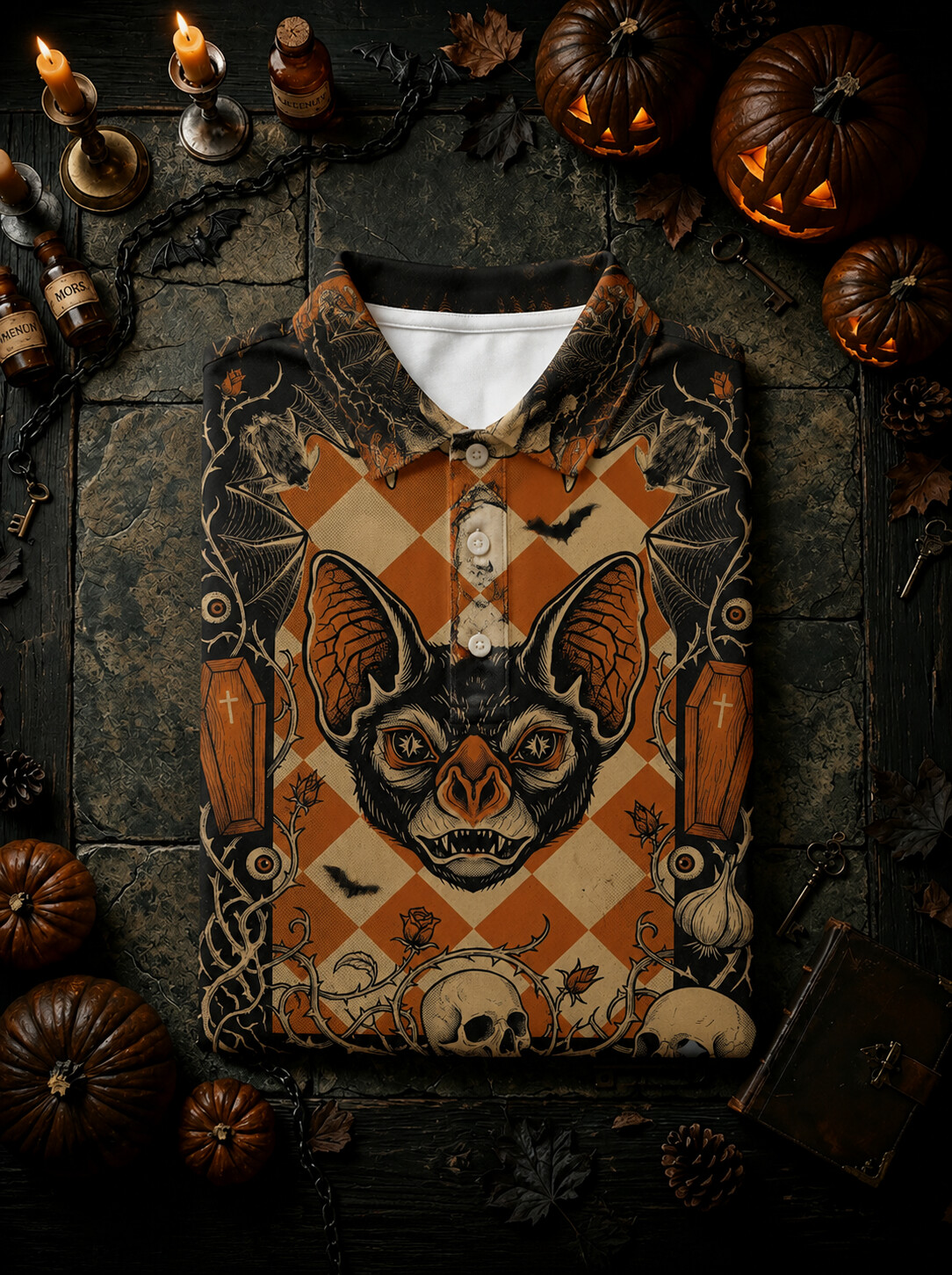 Men's Horror Bat Diamond Print Short Sleeve Polo Shirt