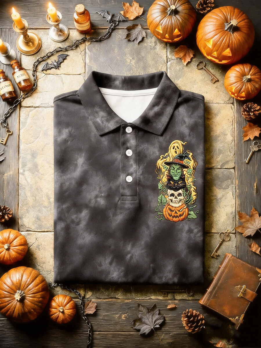 Men's Charcoal Grey Halloween Ghost Graphic Short Sleeve Polo Shirt