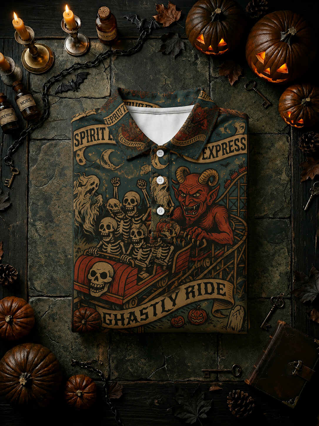 Men's Halloween Demon Skull Ghost Print Polo Shirt