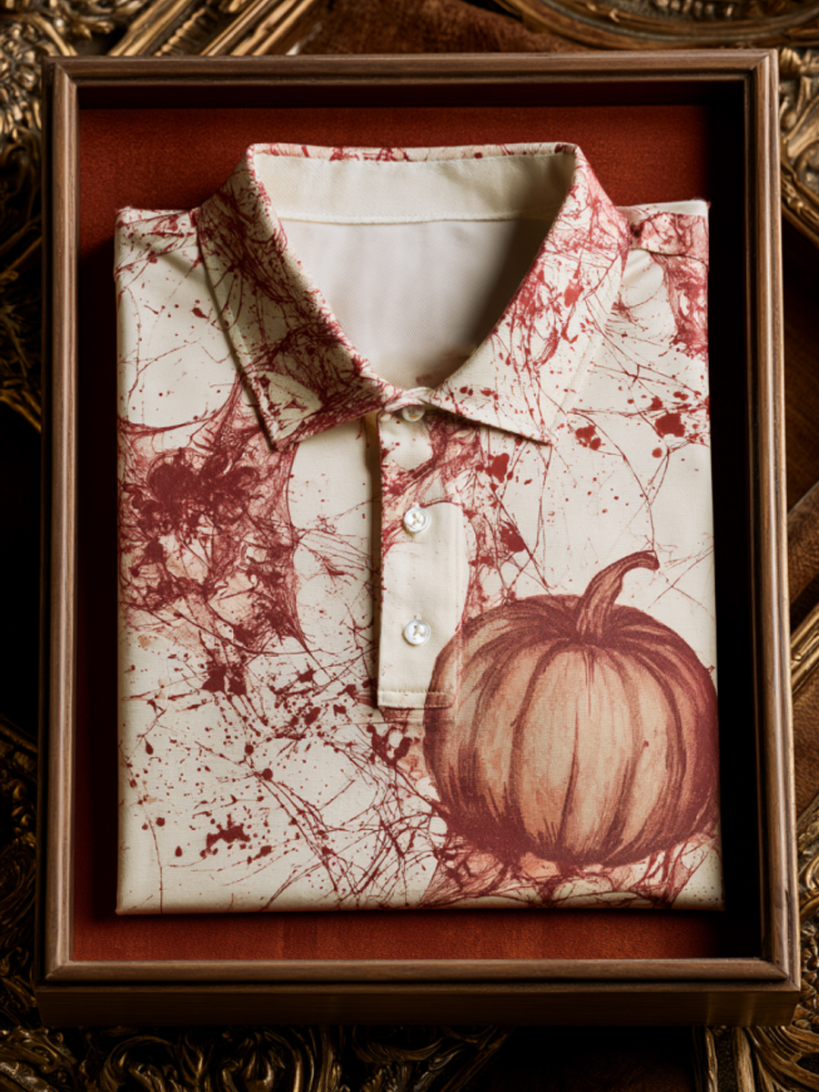 Men's Splatter Pumpkin Halloween Long Sleeve Polo Shirt