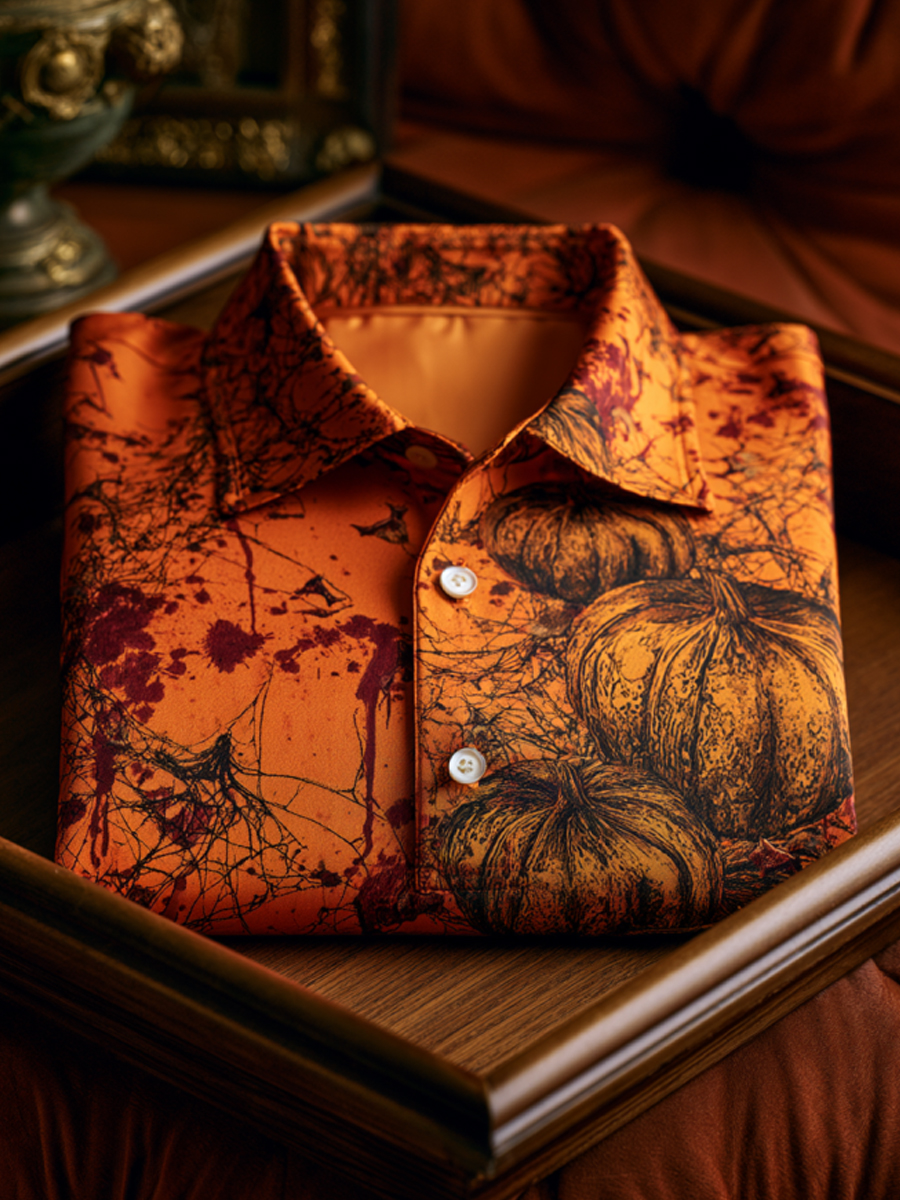 Men's Orange Splatter Pumpkin Halloween Long Sleeve Polo Shirt