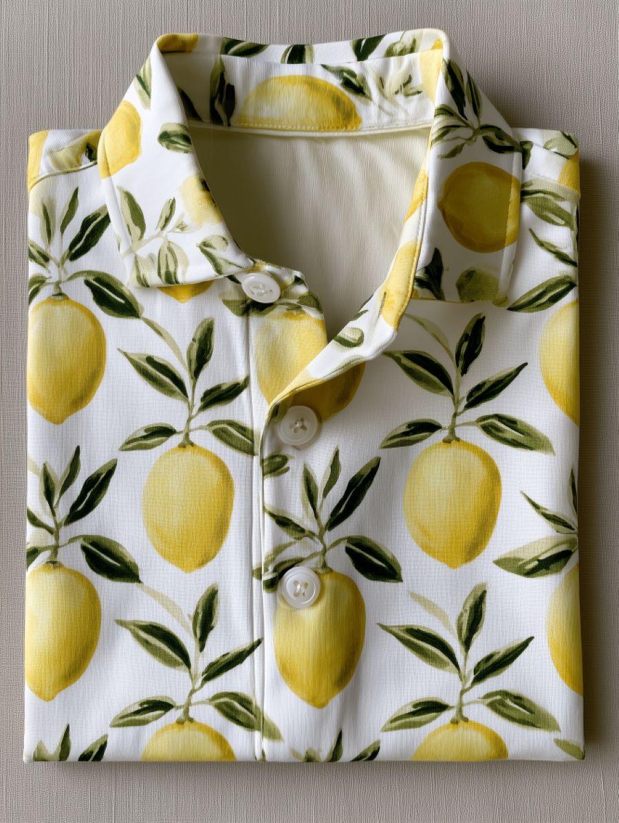 Men's Casual Lemon Print Short-Sleeve Polo Shirt