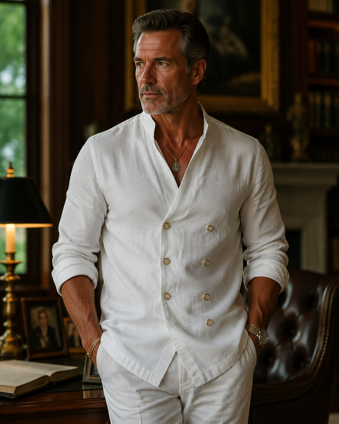 Men's Double-Breasted Mandarin Collar Cotton-Linen Long-Sleeve Cardigan Shirt
