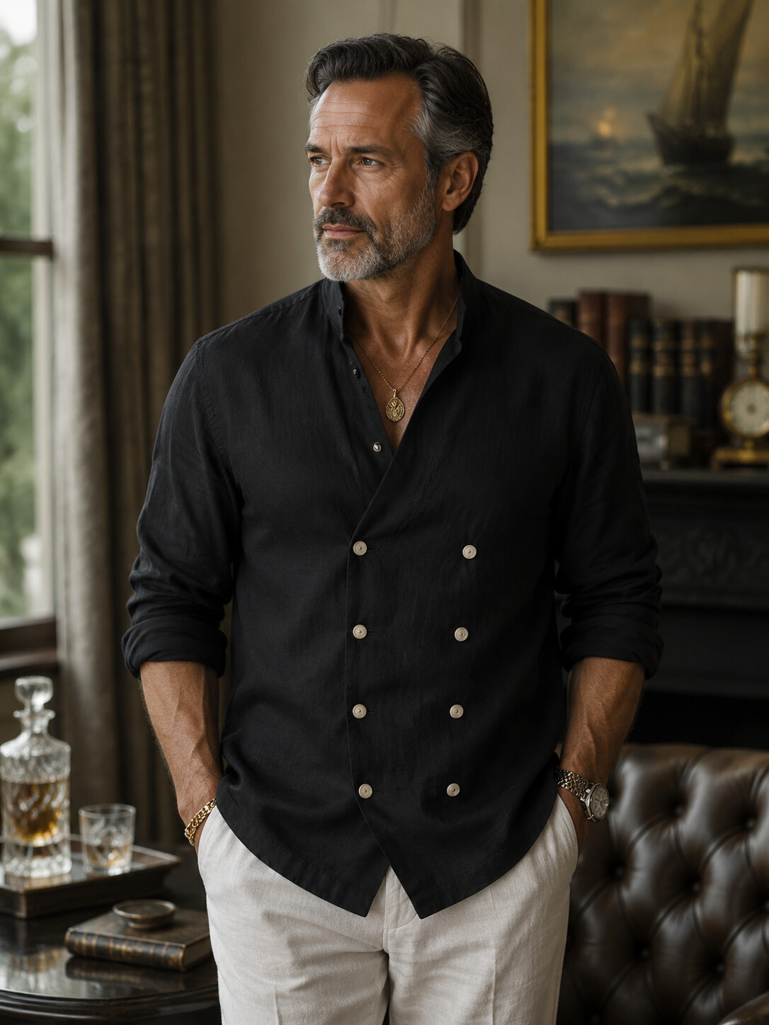 Men's Double-Breasted Mandarin Collar Cotton-Linen Long-Sleeve Cardigan Shirt