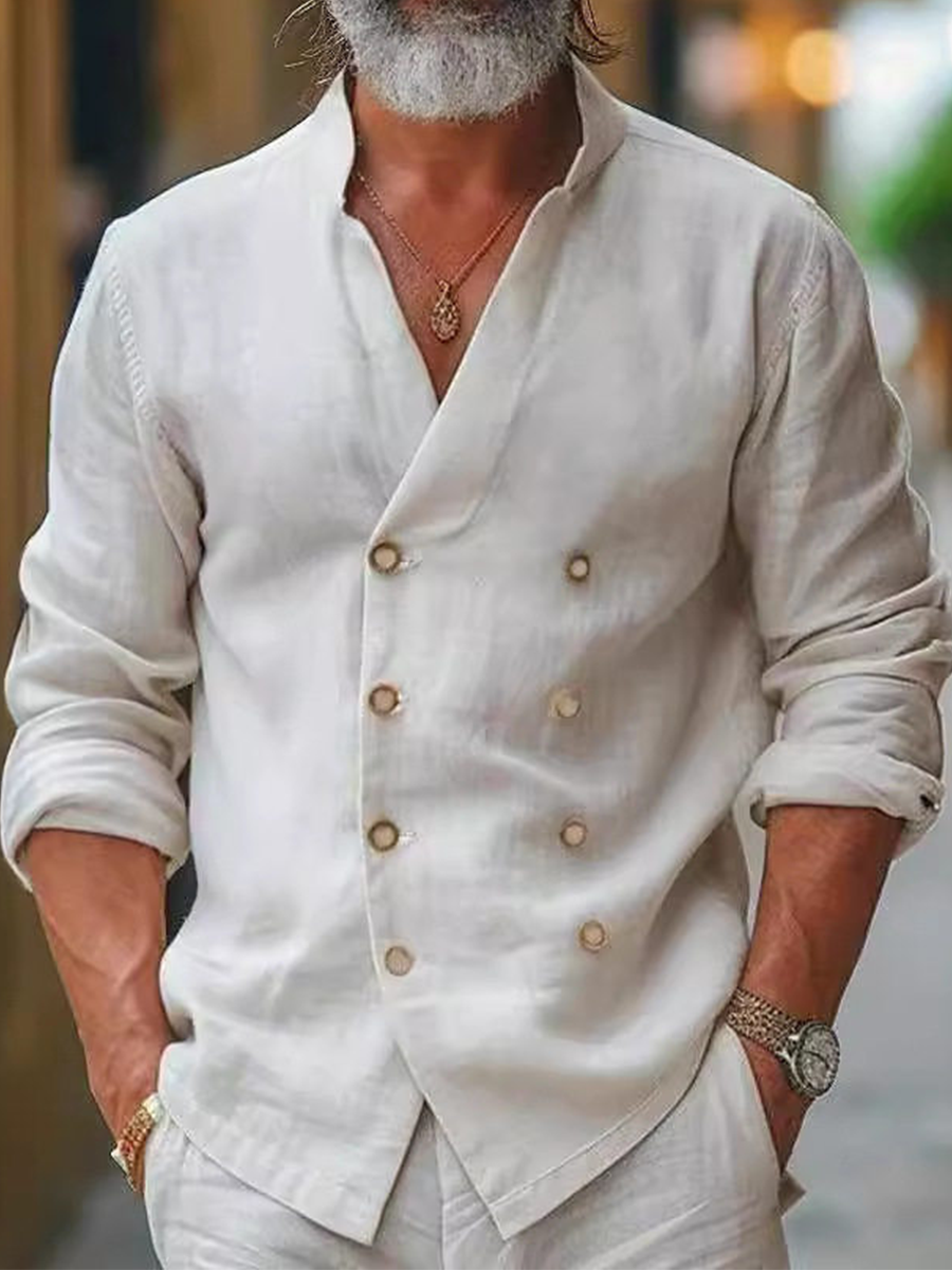 Men's Double-Breasted Mandarin Collar Cotton-Linen Long-Sleeve Cardigan Shirt