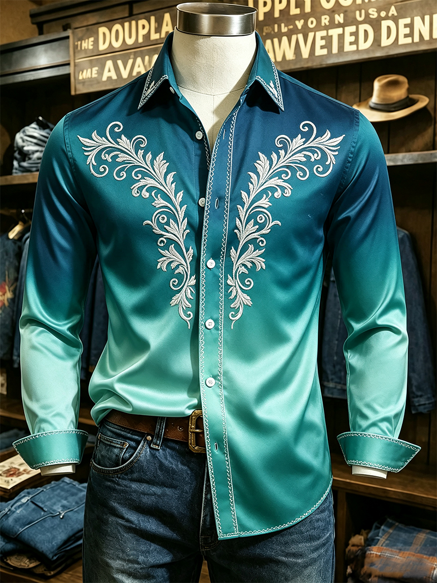 Men's Luxury Vintage Gradient Baroque Leaf Print Long-Sleeve Shirt