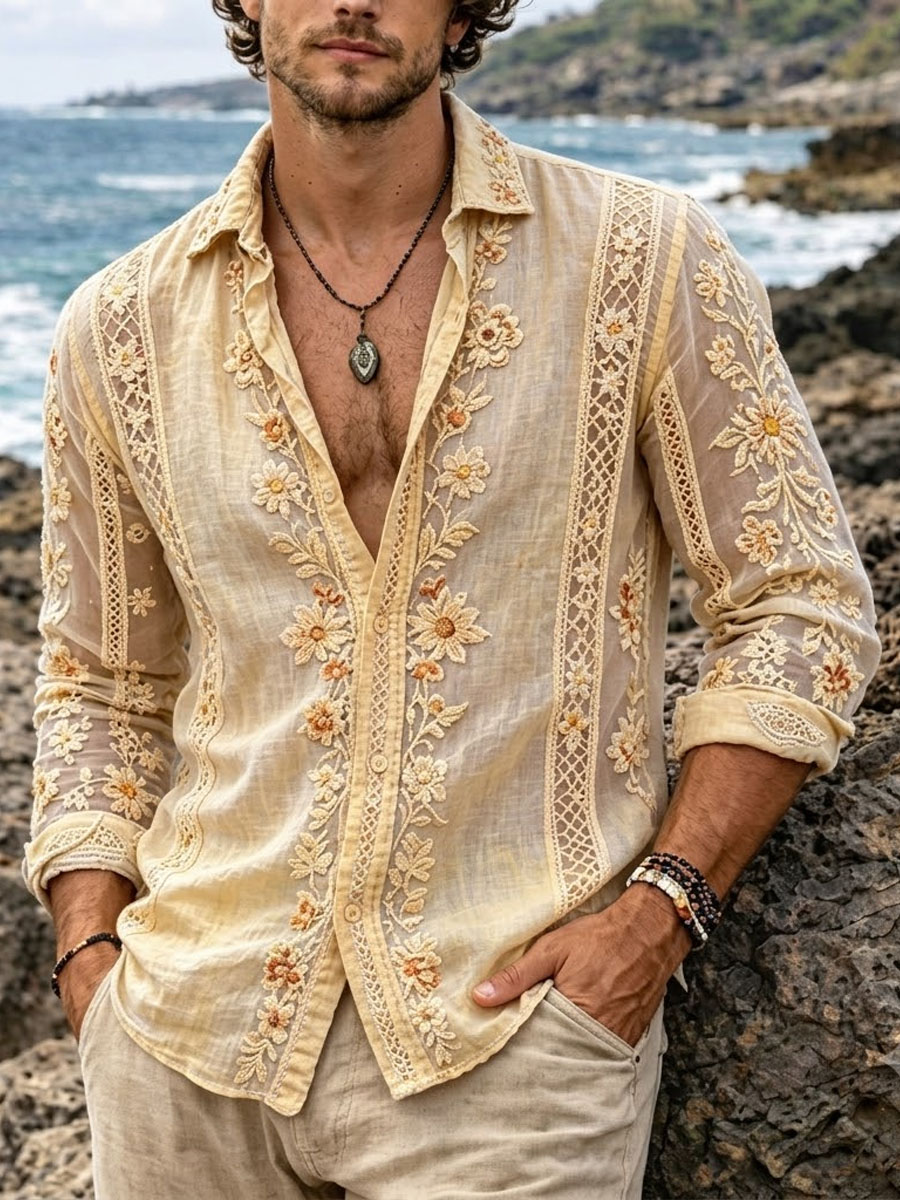 Vintage Floral Long Sleeve Shirt for Men