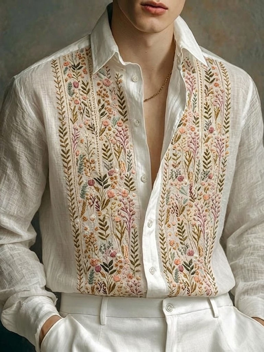 Men's Retro Botanical Print Long Sleeve Shirt