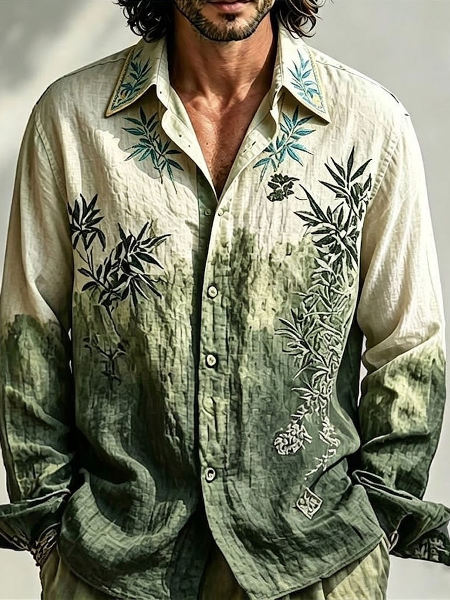 Men's Retro Floral Print Long Sleeve Shirt