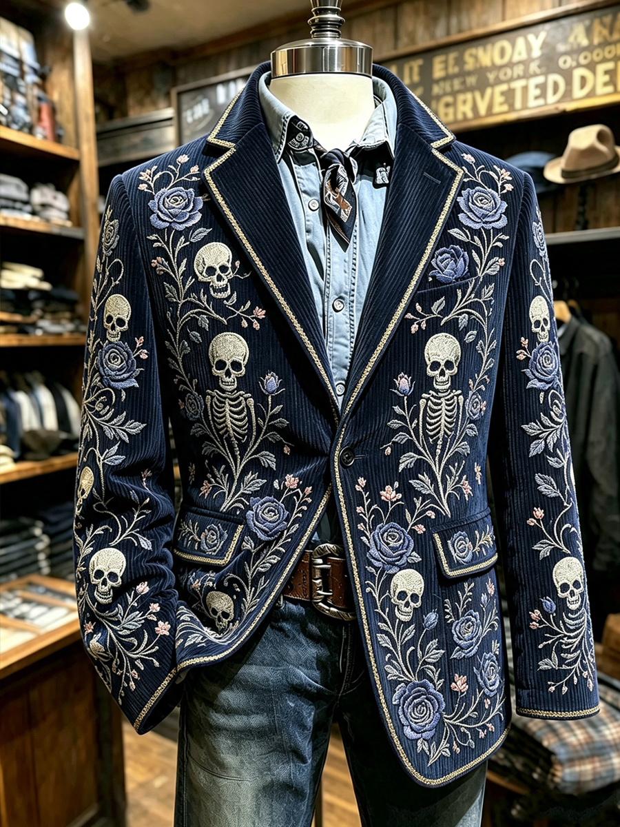 Men's Halloween Skull Blue Rose Print Notch Lapel Long Sleeve