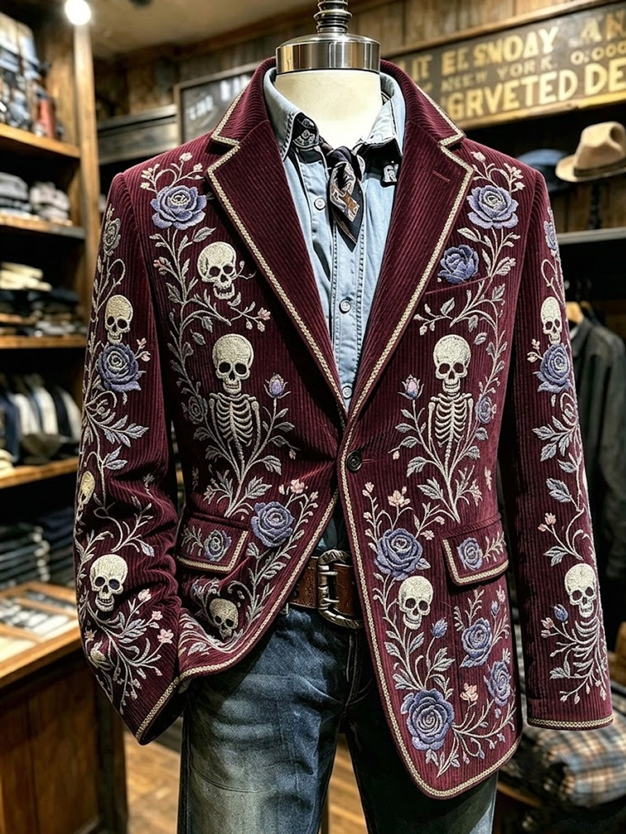 Men's Halloween Skull Blue Rose Print Notch Lapel Long Sleeve