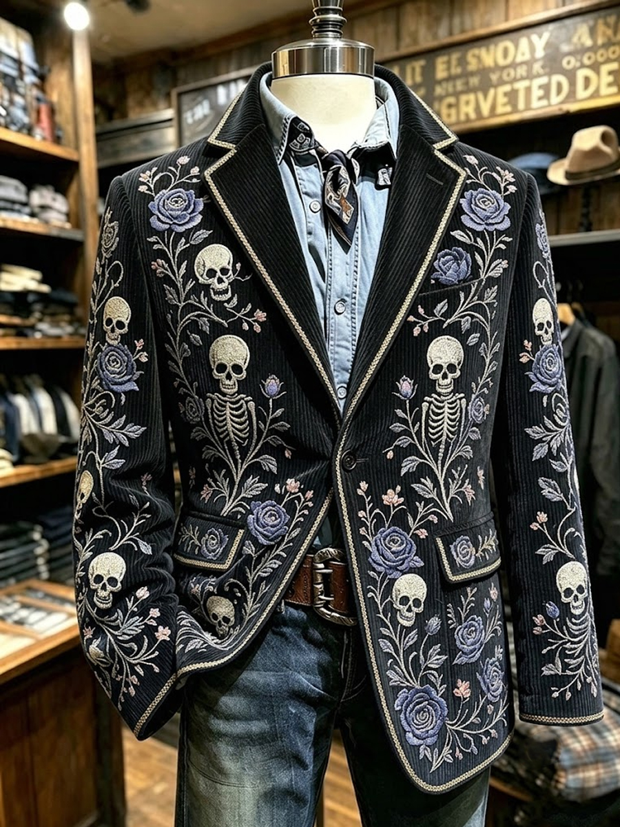 Men's Halloween Skull Blue Rose Print Notch Lapel Long Sleeve