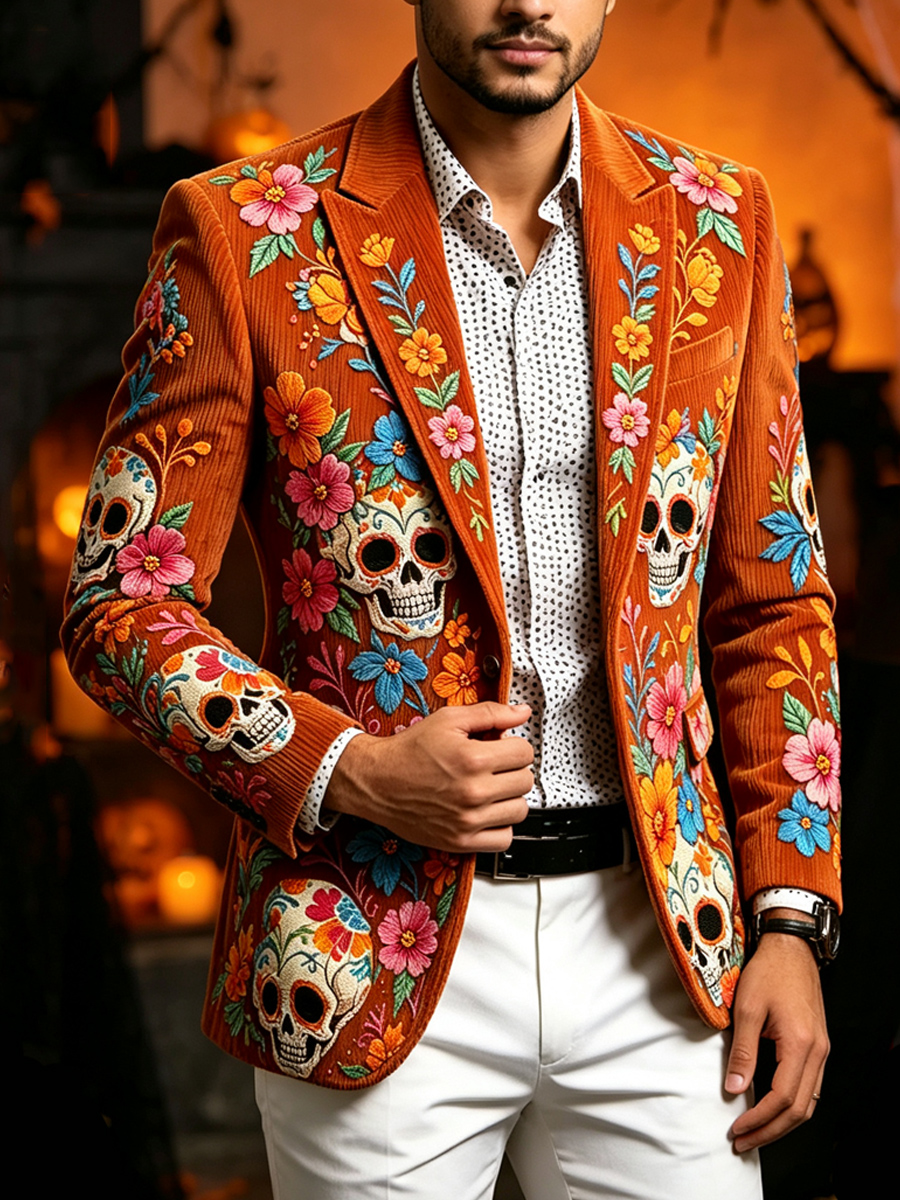 Men's Day Of The Dead Halloween Bohemian Floral Skull Print Notch Lapel Corduroy Blazer