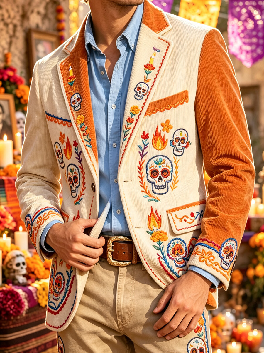 Men's Day Of The Dead Sugar Skull Print Corduroy Suit Jacket