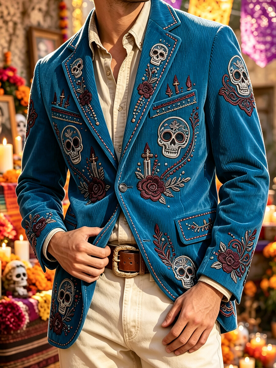 Men's Gothic Sugar Skull And Rose Print Corduroy Suit Jacket