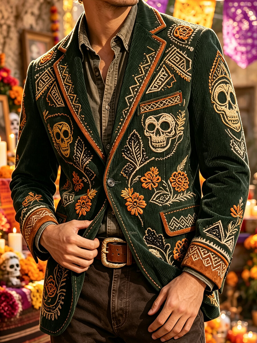 Men's Aztec Sugar Skull Floral Print Corduroy Suit Jacket